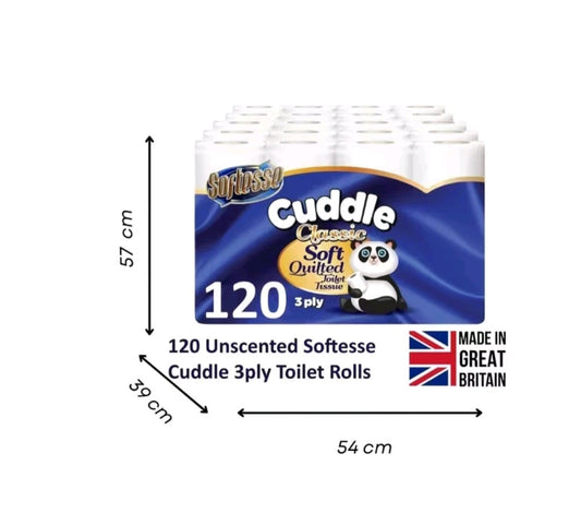 Panda 120 Pack Softensse Cuddle Toilet Rolls 3 Ply Quilted Tissue Soft Paper