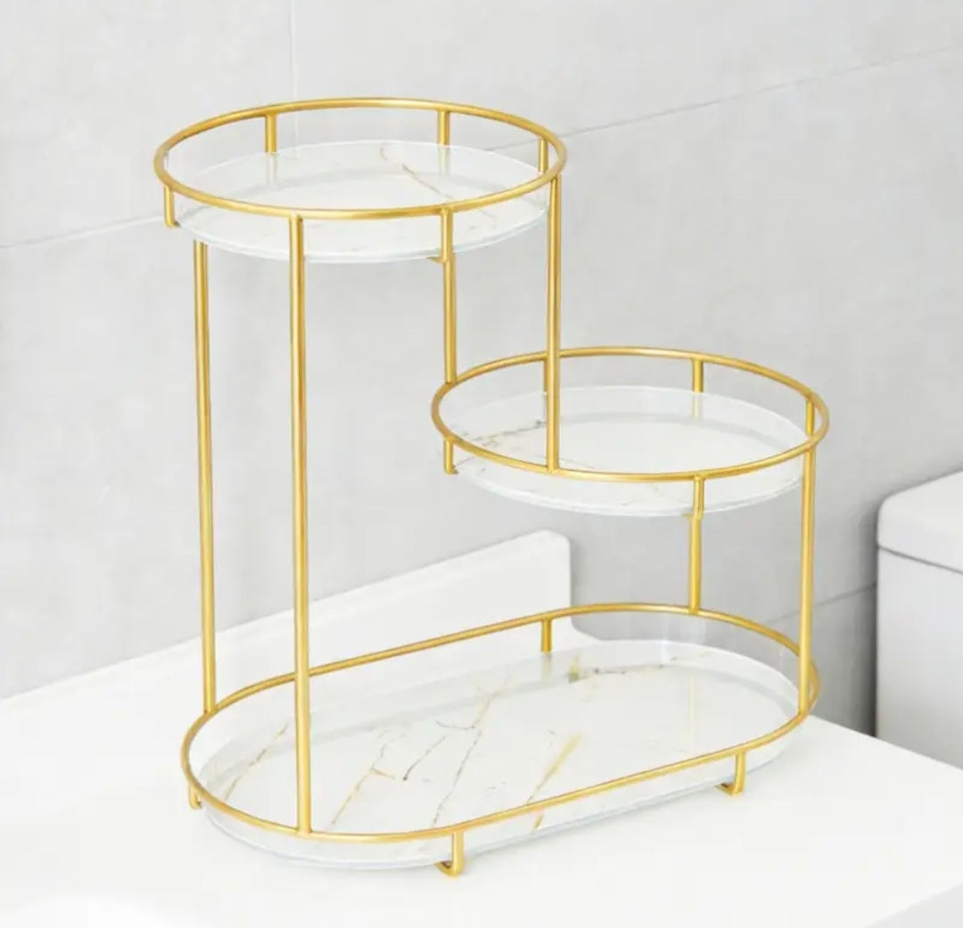 Double-layer bathroom countertop storage rack, gold-plated metal vanity storage shelf with glass tray, cosmetics and skincare product organizer, suitable for bathroom, bedroom and vanity.