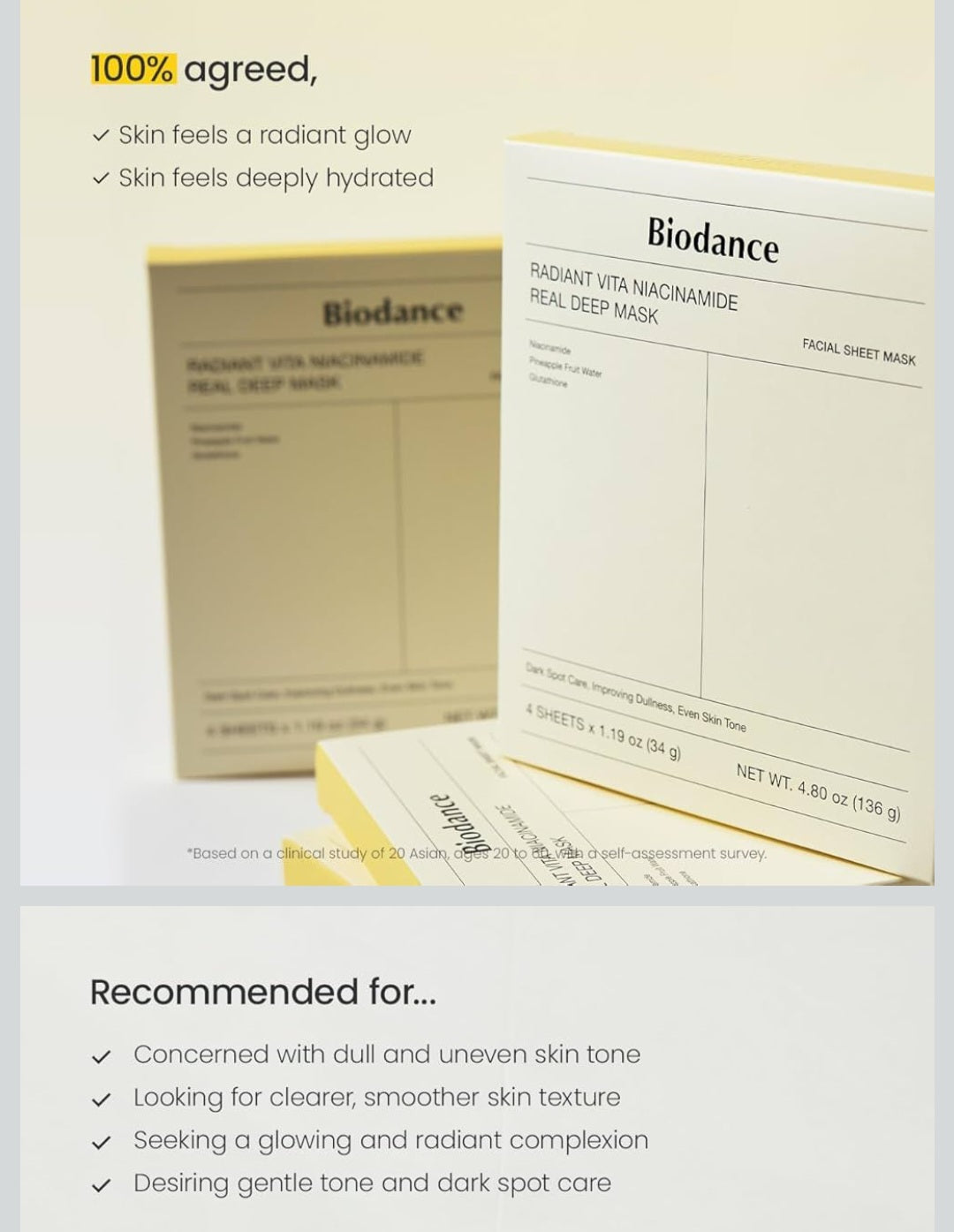 BIODANCE Radiant Vita Niacinamide Real Deep Face Mask 4 Pcs | Hydrogel Overnight Mask | Tone Correction, Texture Refining and Radiant Glow | Korean Face Mask for Glass Skin | Korean Skincare