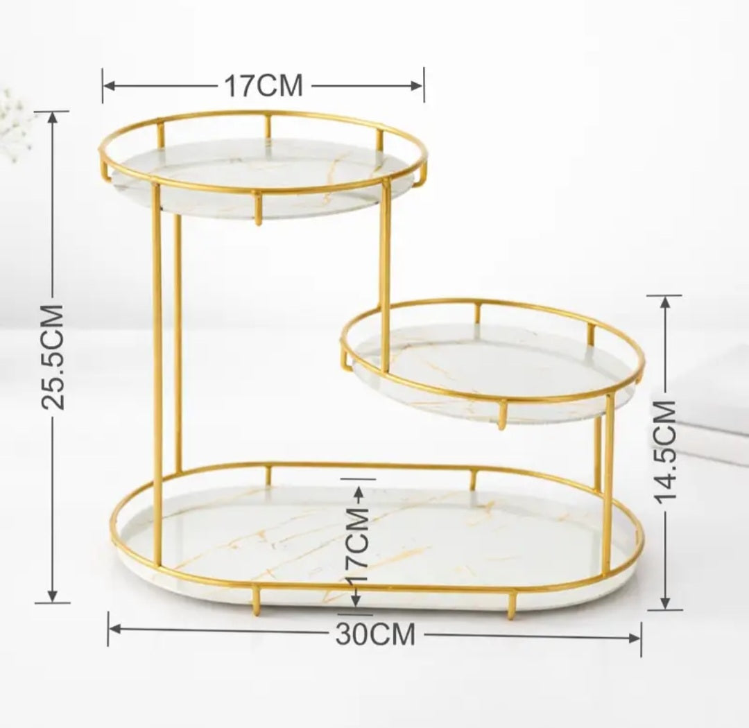 Double-layer bathroom countertop storage rack, gold-plated metal vanity storage shelf with glass tray, cosmetics and skincare product organizer, suitable for bathroom, bedroom and vanity.