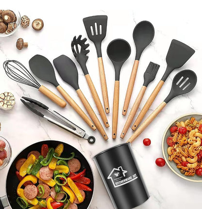 Kitchen Utensils Set, 12 PCS Silicone Cooking Utensils Set Gadgets for Cooking, Non Stick Wooden Handle Silicone Kitchen Cooking Utensils Sets Cookware