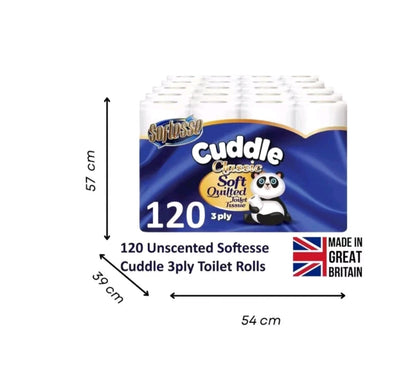 Panda 120 Pack Softensse Cuddle Toilet Rolls 3 Ply Quilted Tissue  Soft Paper