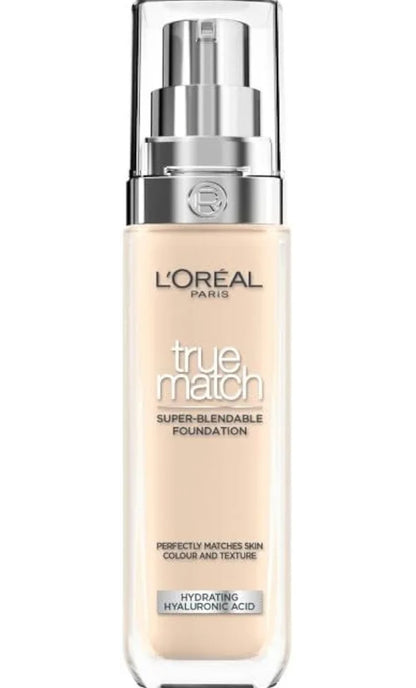 L'Oréal Paris Foundation for Face, Skincare Infused with Hyaluronic Acid, True Match Hydrating Liquid Foundation for All Skin Tones, SPF 16, 1N Ivory, 30 ml