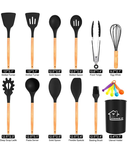 Kitchen Utensils Set, 12 PCS Silicone Cooking Utensils Set Gadgets for Cooking, Non Stick Wooden Handle Silicone Kitchen Cooking Utensils Sets Cookware