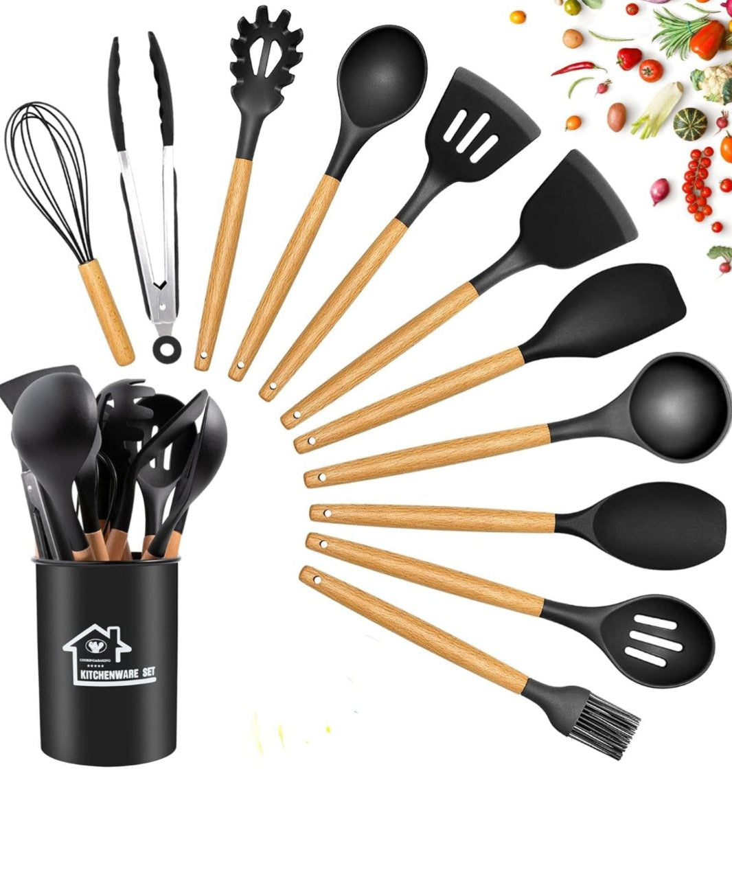 Kitchen Utensils Set, 12 PCS Silicone Cooking Utensils Set Gadgets for Cooking, Non Stick Wooden Handle Silicone Kitchen Cooking Utensils Sets Cookware