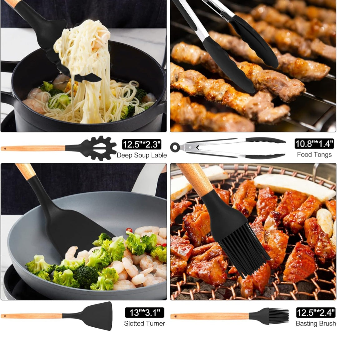 Kitchen Utensils Set, 12 PCS Silicone Cooking Utensils Set Gadgets for Cooking, Non Stick Wooden Handle Silicone Kitchen Cooking Utensils Sets Cookware