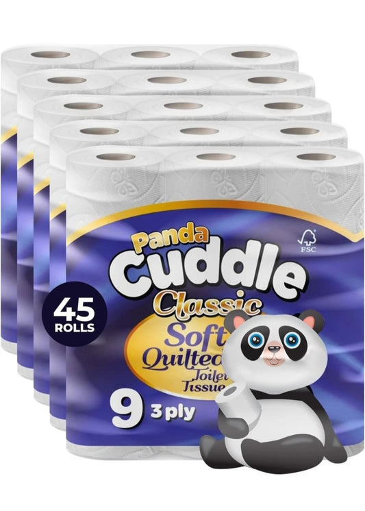 45 Panda Cuddle Toilet Roll Tissue 3 Ply Soft Quilted Ultra Strong Luxury