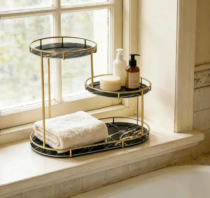 Double-layer bathroom countertop storage rack, gold-plated metal vanity storage shelf with glass tray, cosmetics and skincare product organizer, suitable for bathroom, bedroom and vanity.