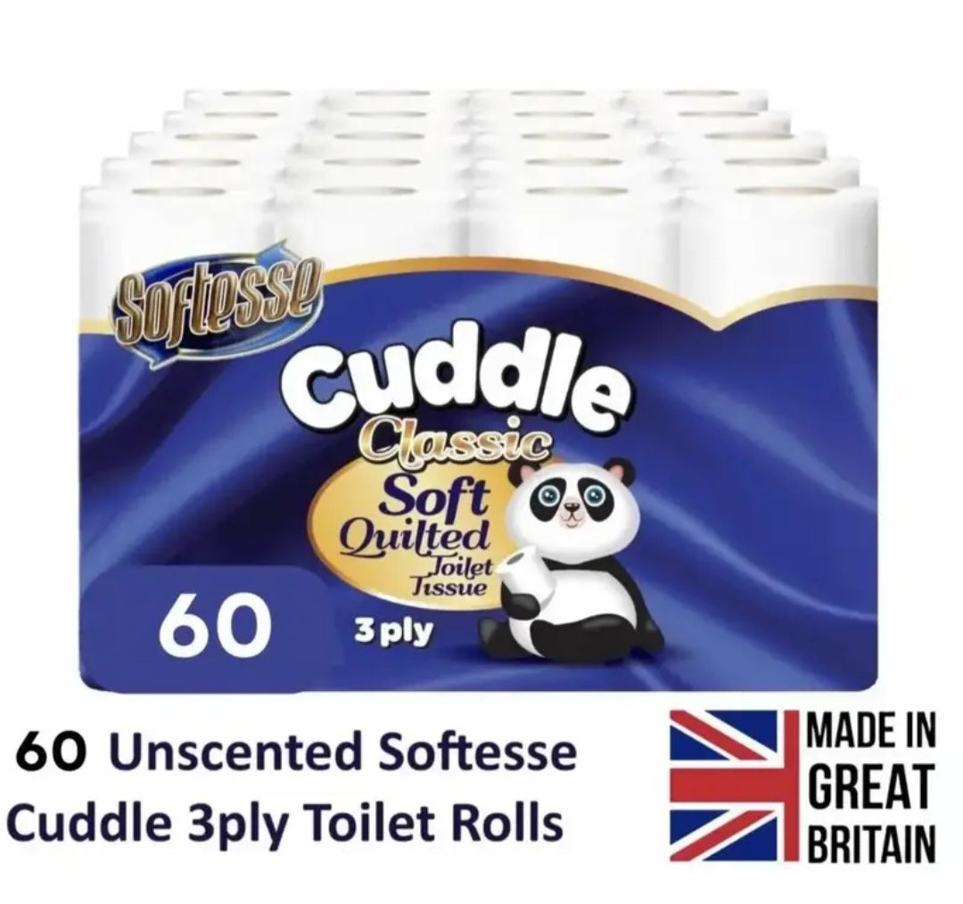 Panda Cuddle Classic 3 Ply 60 Rolls Luxury Quilted Soft Bathroom White Toilet Paper Tissue Loo Roll Value Pack Deal New Bathroom Tissue