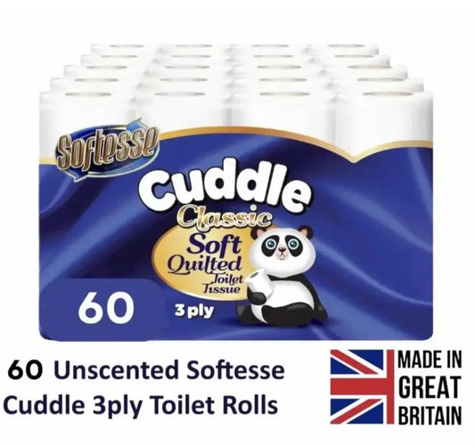 Panda Cuddle Classic 3 Ply 60 Rolls Luxury Quilted Soft Bathroom White Toilet Paper Tissue Loo Roll Value Pack Deal New Bathroom Tissue