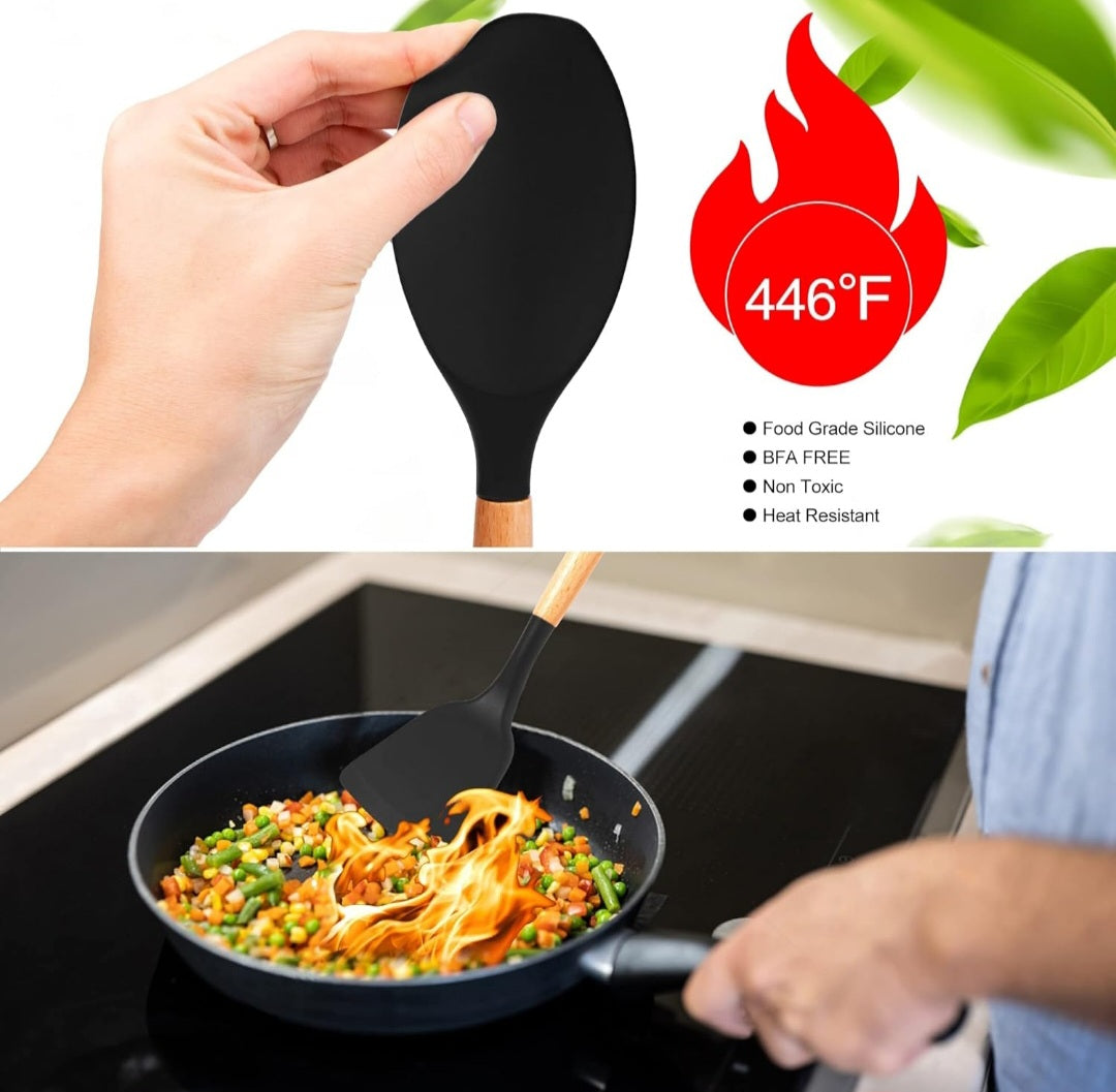Kitchen Utensils Set, 12 PCS Silicone Cooking Utensils Set Gadgets for Cooking, Non Stick Wooden Handle Silicone Kitchen Cooking Utensils Sets Cookware