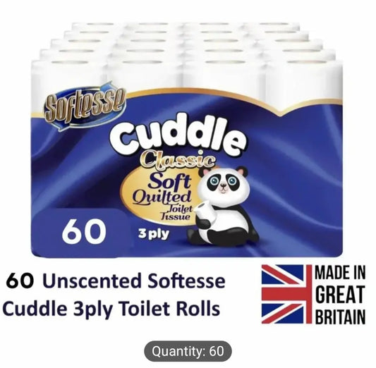 Panda Cuddle Classic 3 Ply 60 Rolls Luxury Quilted Soft Bathroom White Toilet Paper Tissue Loo Roll Value Pack Deal New Bathroom Tissue