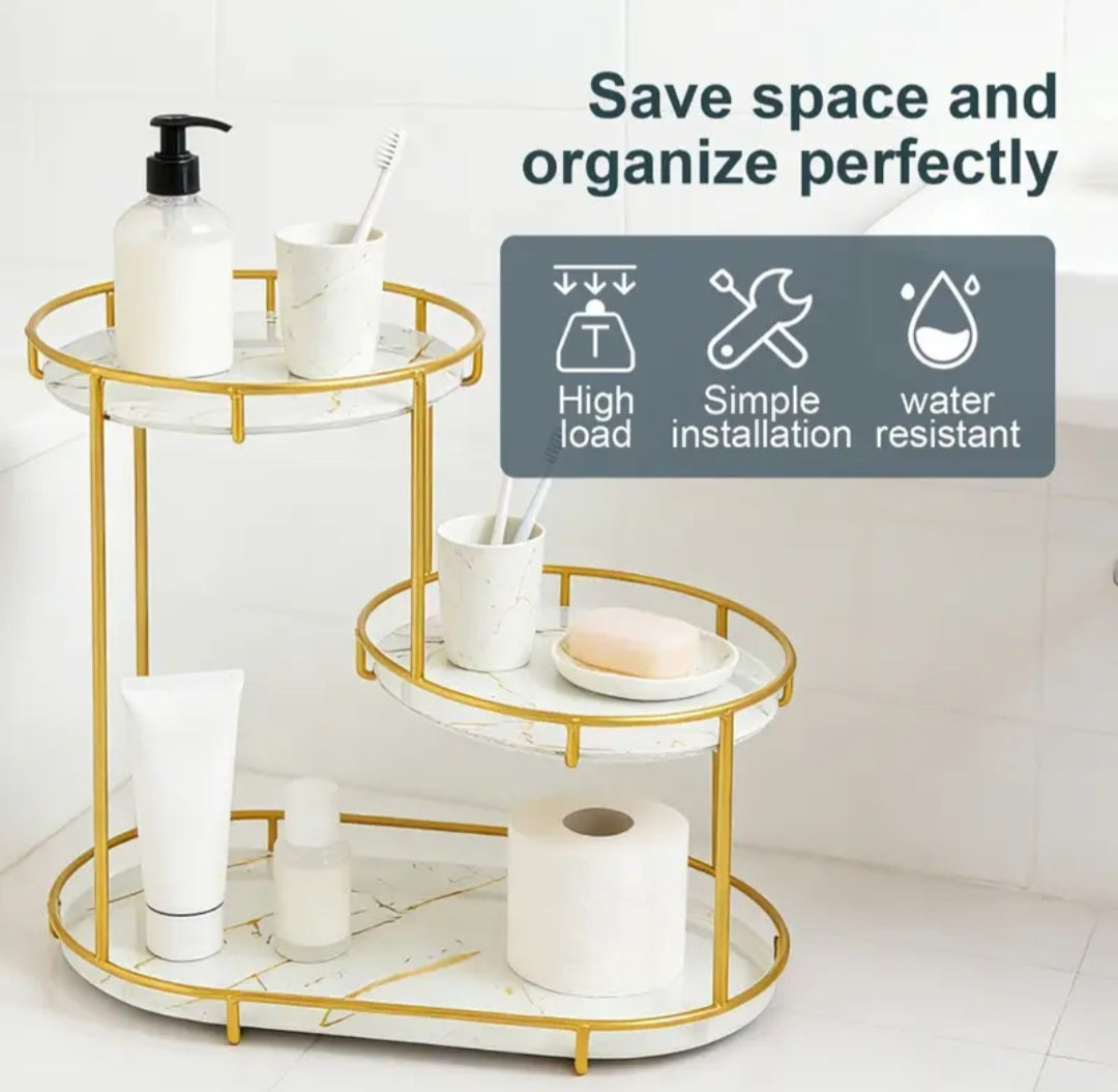 Double-layer bathroom countertop storage rack, gold-plated metal vanity storage shelf with glass tray, cosmetics and skincare product organizer, suitable for bathroom, bedroom and vanity.