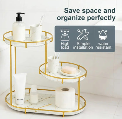 Double-layer bathroom countertop storage rack, gold-plated metal vanity storage shelf with glass tray, cosmetics and skincare product organizer, suitable for bathroom, bedroom and vanity.