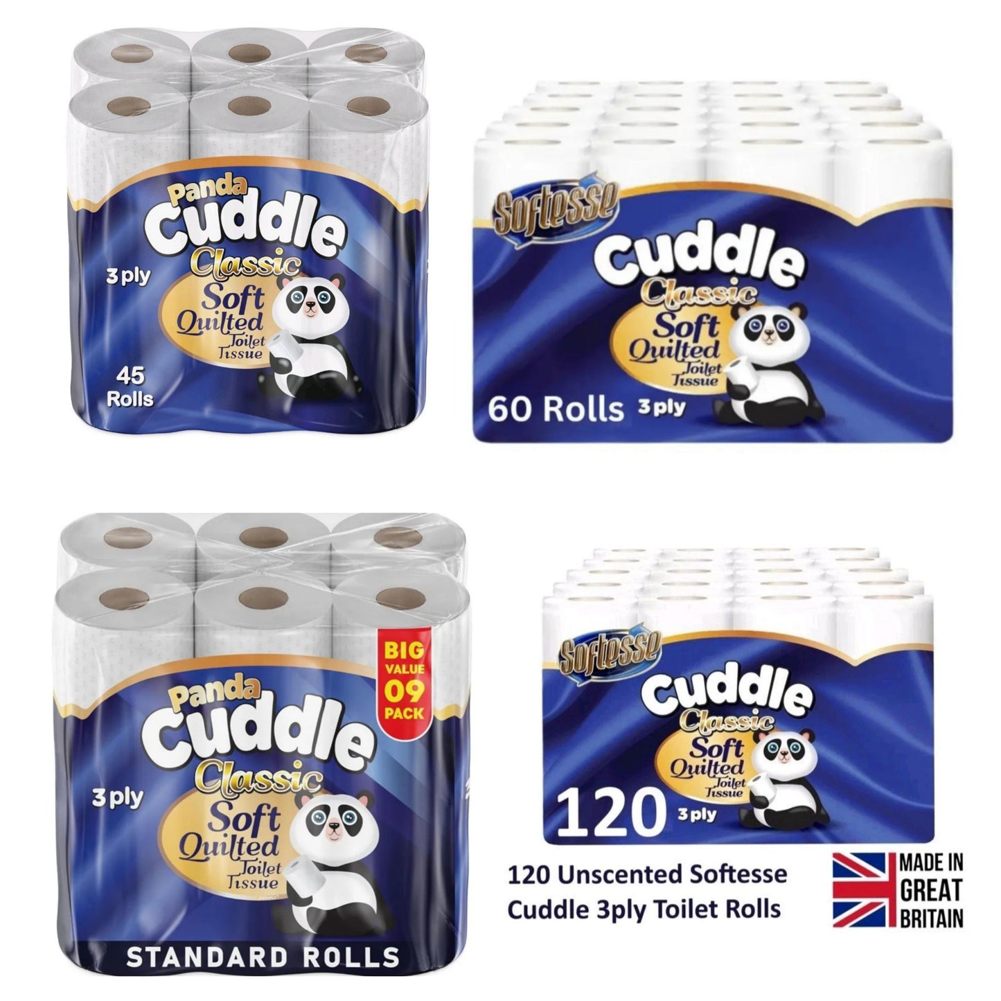 Panda Cuddle Classic 3-Ply Quilted Toilet Tissue | Pack of 9, 45, 60 & 120 Rolls | Free Delivery