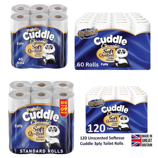 Panda Cuddle Classic 3-Ply Quilted Toilet Tissue | Pack of 9, 45, 60 & 120 Rolls | Free Delivery