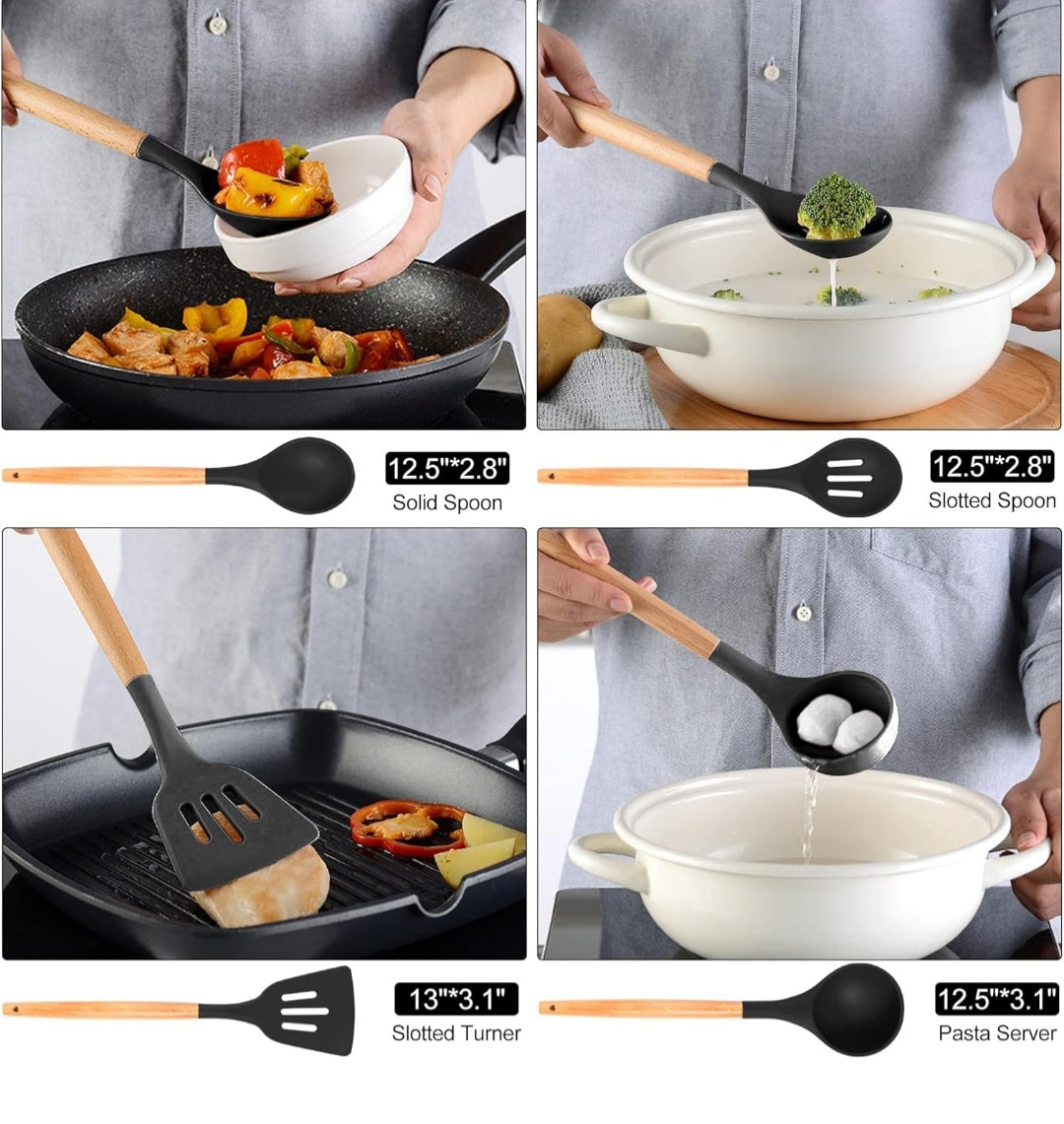 Kitchen Utensils Set, 12 PCS Silicone Cooking Utensils Set Gadgets for Cooking, Non Stick Wooden Handle Silicone Kitchen Cooking Utensils Sets Cookware