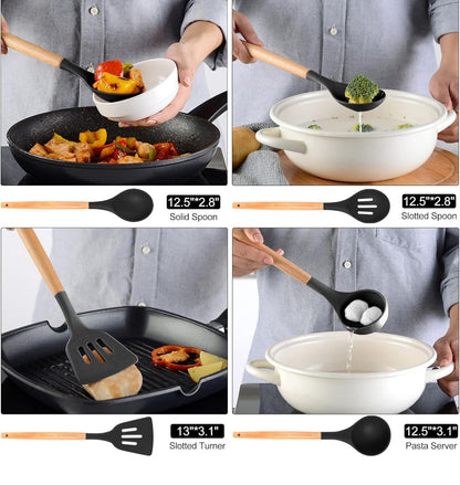Kitchen Utensils Set, 12 PCS Silicone Cooking Utensils Set Gadgets for Cooking, Non Stick Wooden Handle Silicone Kitchen Cooking Utensils Sets Cookware