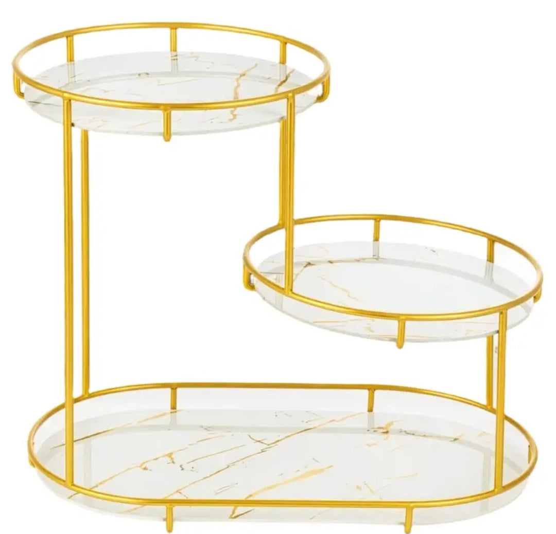 Double-layer bathroom countertop storage rack, gold-plated metal vanity storage shelf with glass tray, cosmetics and skincare product organizer, suitable for bathroom, bedroom and vanity.