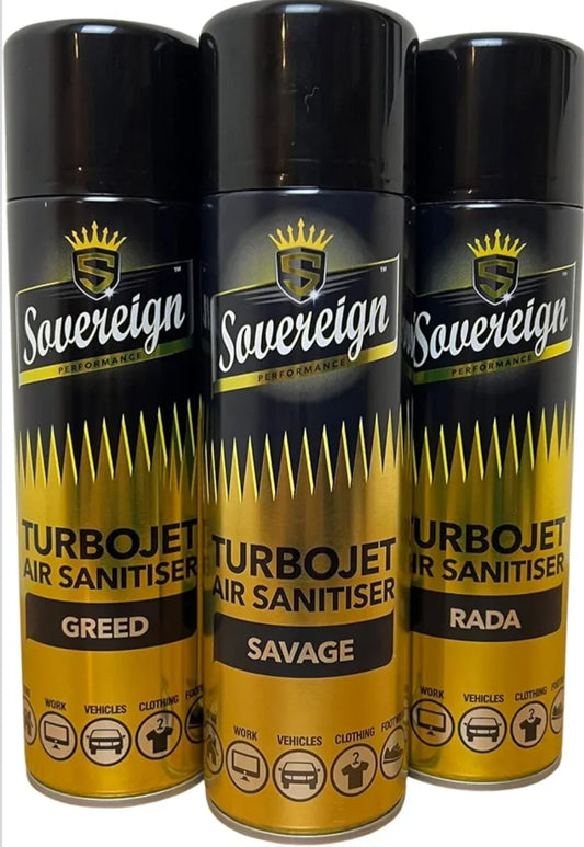 3 x Sovereign Designer Fragrances Savage Greed RADA Car Home Office Gym Turbojet Air Sanitiser Freshener Blast Spray Cans 500ml Bundle