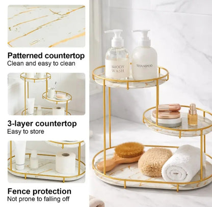 Double-layer bathroom countertop storage rack, gold-plated metal vanity storage shelf with glass tray, cosmetics and skincare product organizer, suitable for bathroom, bedroom and vanity.