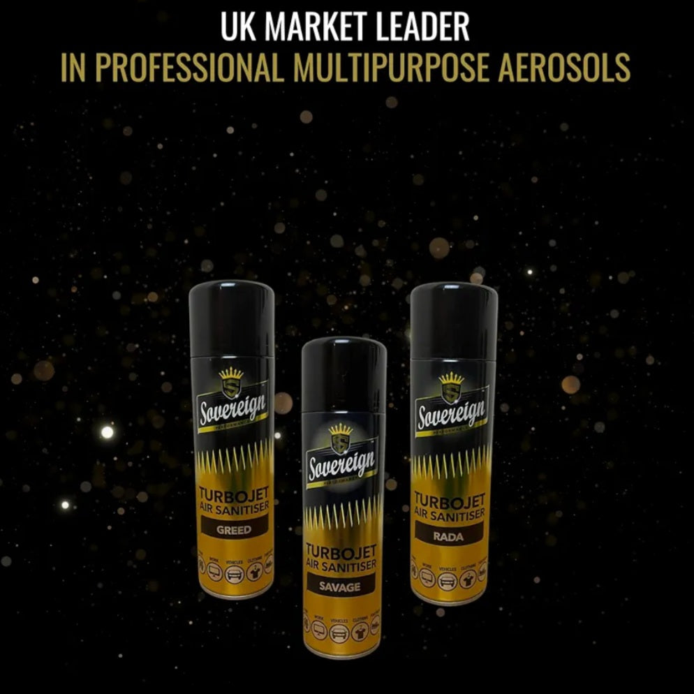 3 x Sovereign Designer Fragrances Savage Greed RADA Car Home Office Gym Turbojet Air Sanitiser Freshener Blast Spray Cans 500ml Bundle