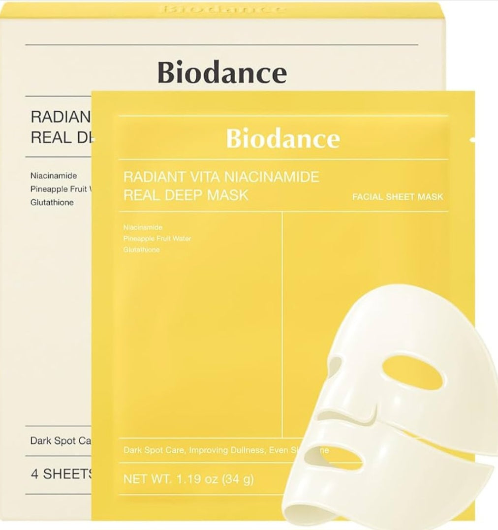 BIODANCE Radiant Vita Niacinamide Real Deep Face Mask 4 Pcs | Hydrogel Overnight Mask | Tone Correction, Texture Refining and Radiant Glow | Korean Face Mask for Glass Skin | Korean Skincare