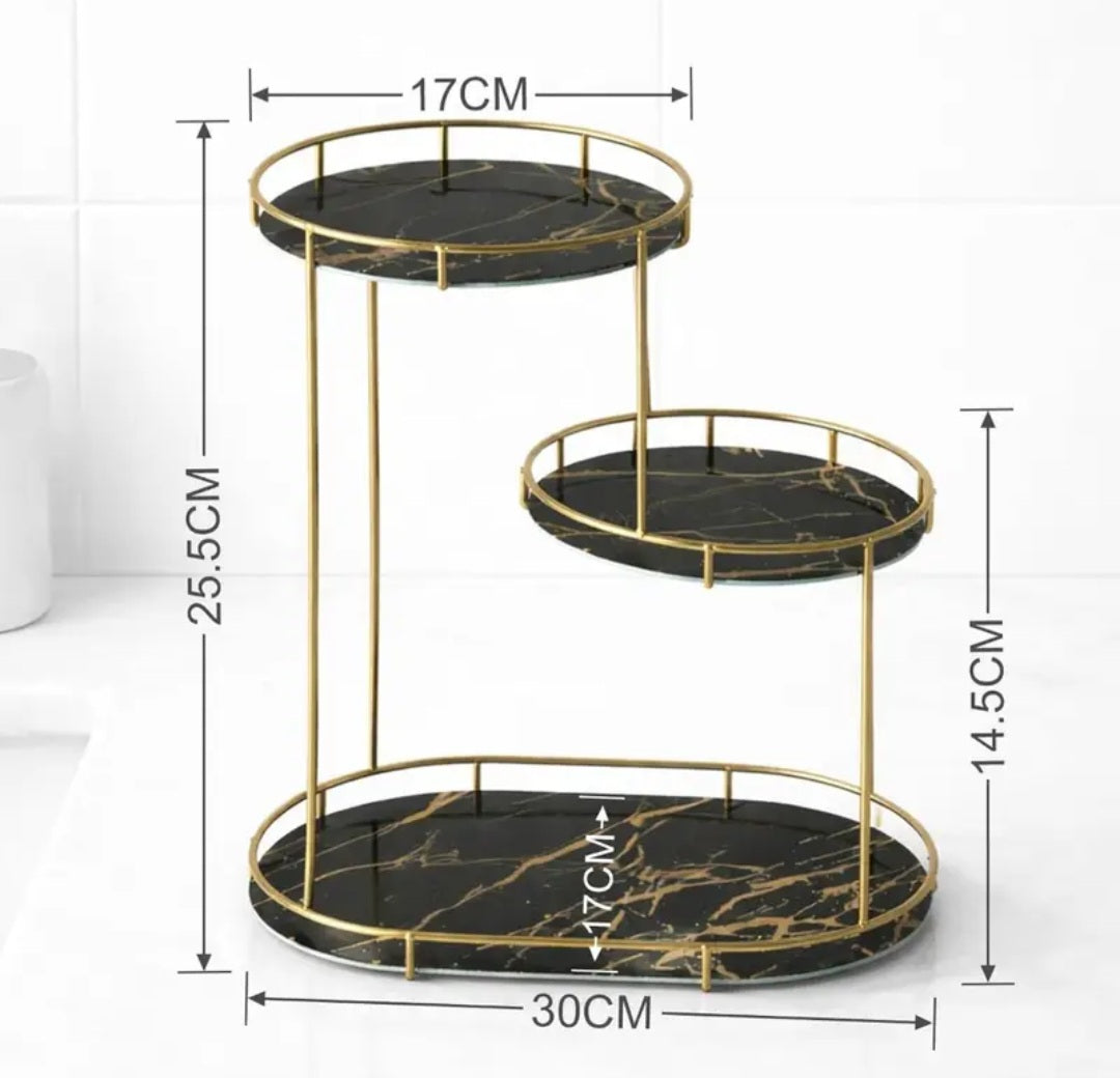Double-layer bathroom countertop storage rack, gold-plated metal vanity storage shelf with glass tray, cosmetics and skincare product organizer, suitable for bathroom, bedroom and vanity.