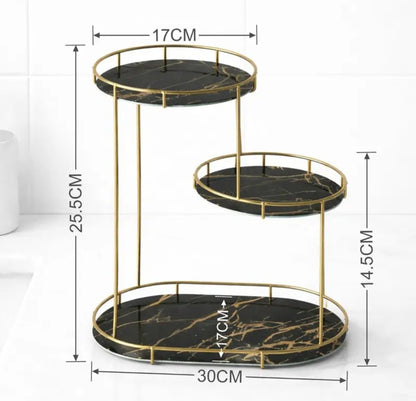 Double-layer bathroom countertop storage rack, gold-plated metal vanity storage shelf with glass tray, cosmetics and skincare product organizer, suitable for bathroom, bedroom and vanity.