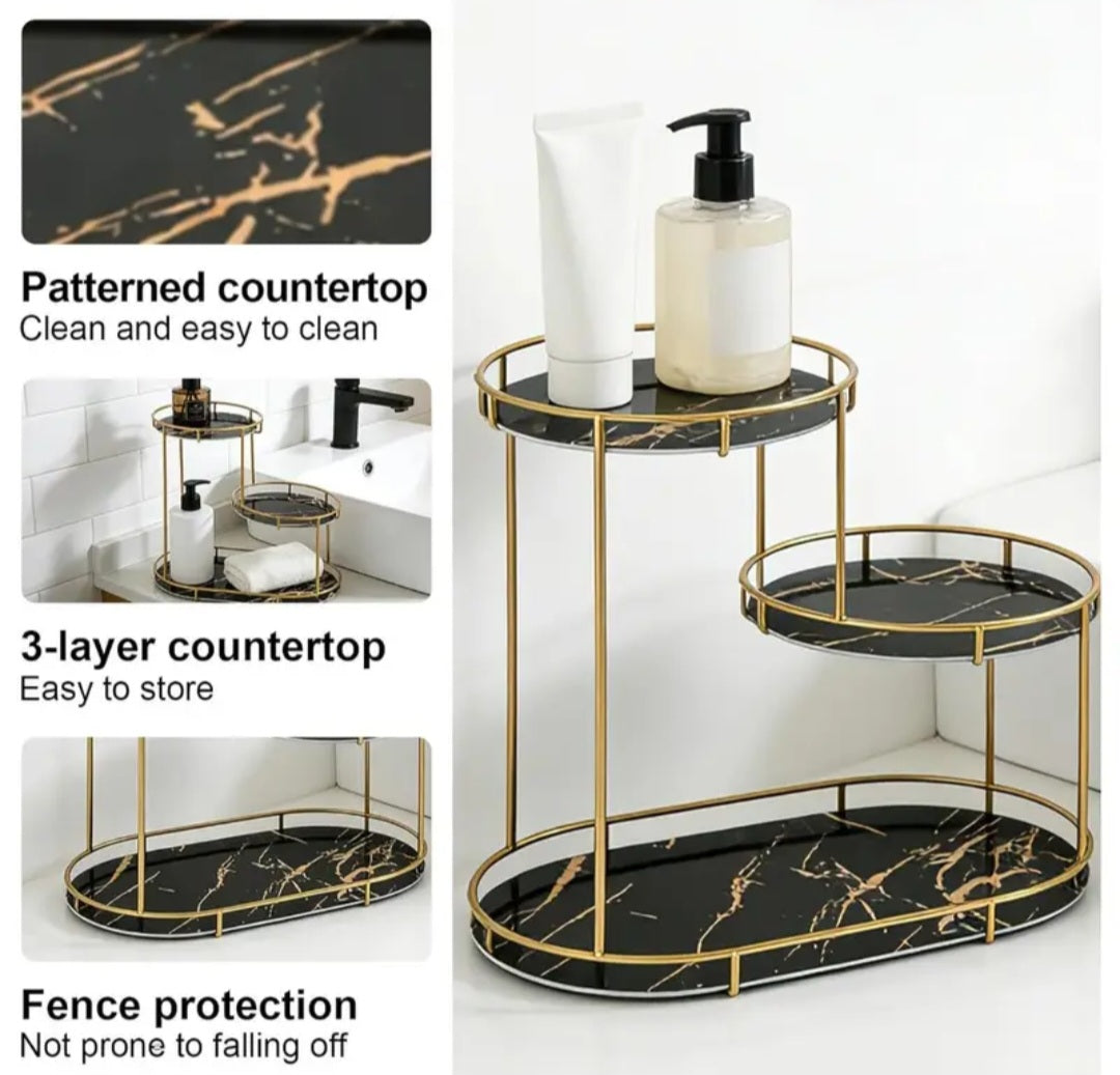 Double-layer bathroom countertop storage rack, gold-plated metal vanity storage shelf with glass tray, cosmetics and skincare product organizer, suitable for bathroom, bedroom and vanity.
