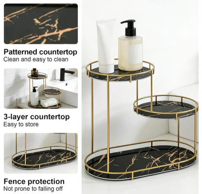Double-layer bathroom countertop storage rack, gold-plated metal vanity storage shelf with glass tray, cosmetics and skincare product organizer, suitable for bathroom, bedroom and vanity.