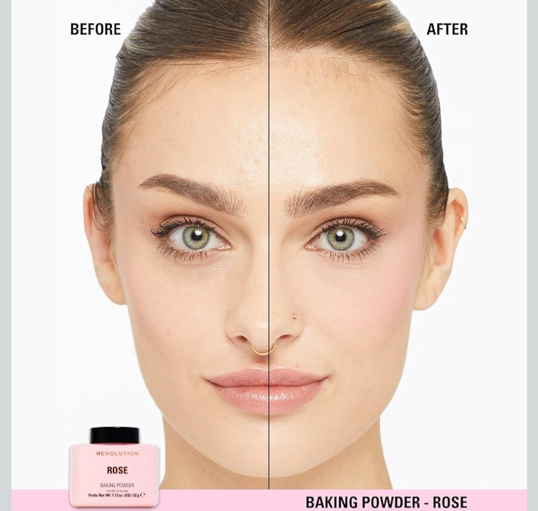 Revolution Beauty London, Loose Baking Powder, Prolongs Makeup Wear, Brightening Setting Powder, For All Skin Tones, Rose, 32g