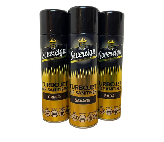 3 x Sovereign Designer Fragrances Savage Greed RADA Car Home Office Gym Turbojet Air Sanitiser Freshener Blast Spray Cans 500ml Bundle