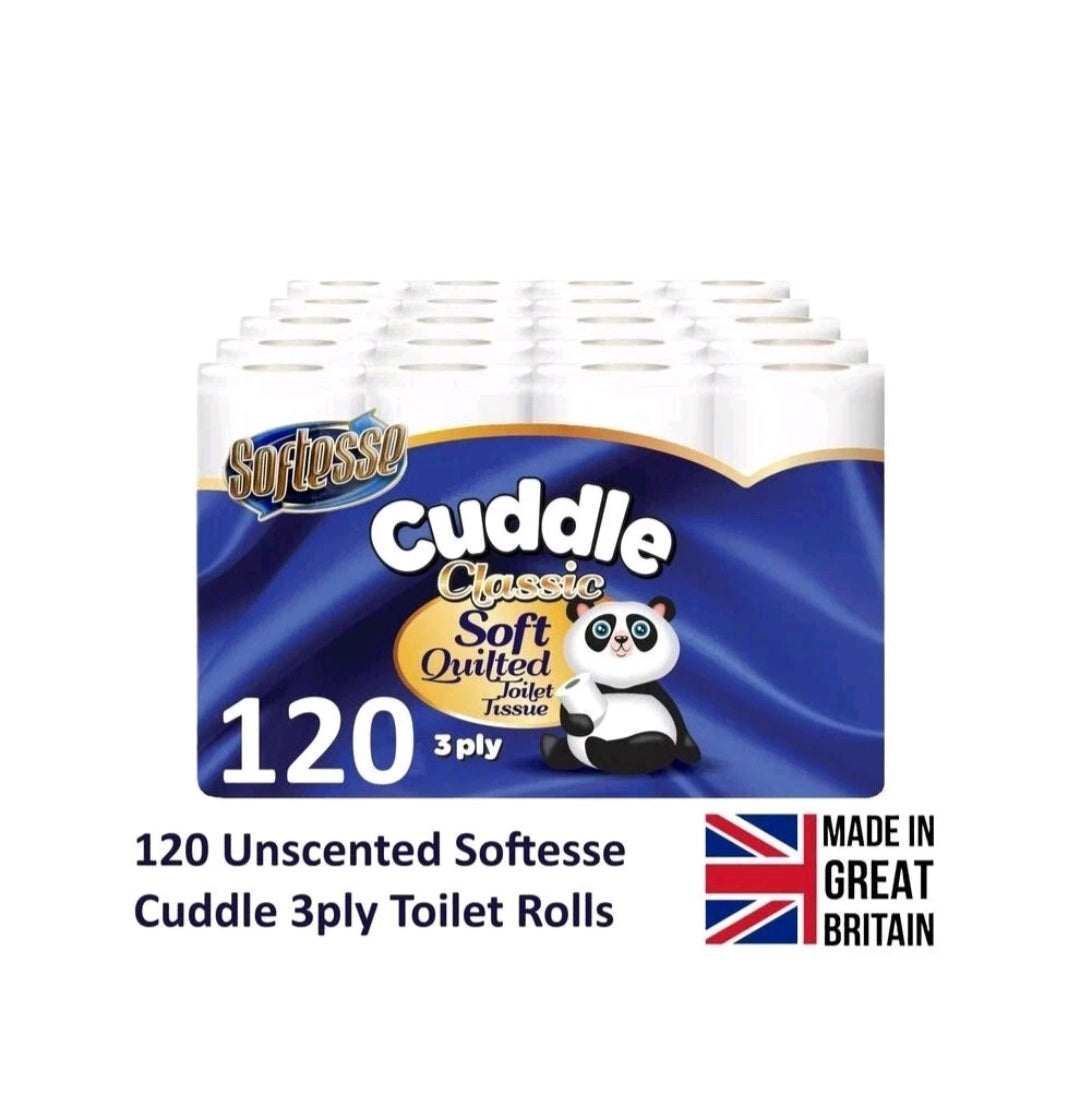 Panda 120 Pack Softensse Cuddle Toilet Rolls 3 Ply Quilted Tissue  Soft Paper