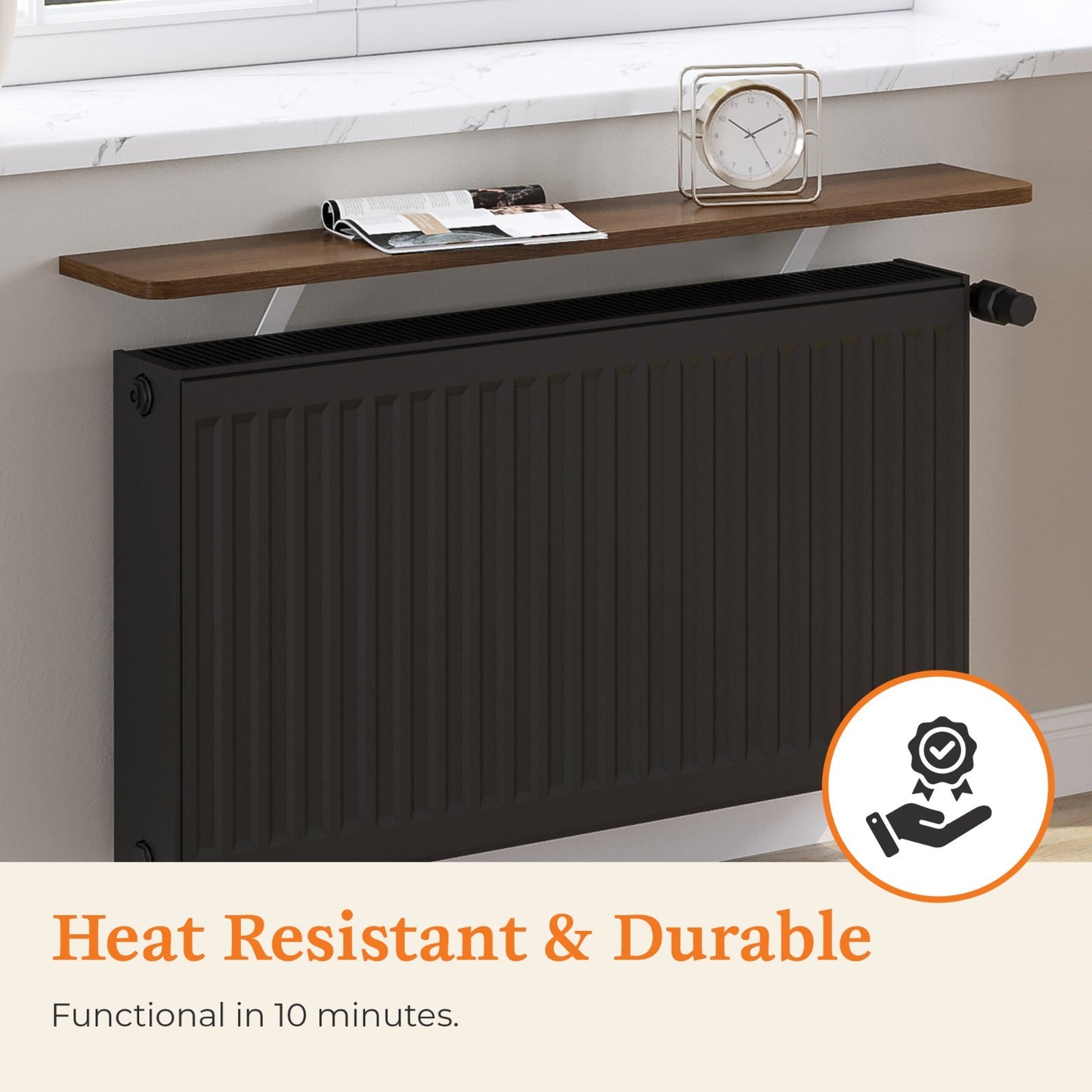 Radiator Shelf with Foil Insulation - MDF Wooden No Drill Shelves with Brackets 60 cm oak